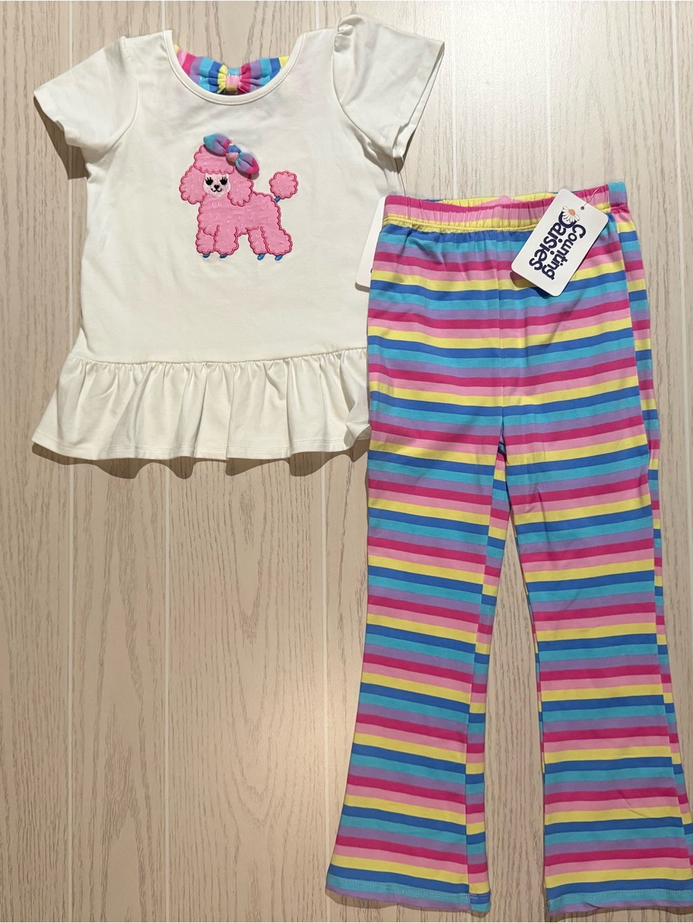 Counting Daisies Girls Size 6 Poodle Applique Striped Flare Pants Outfit Set NWT